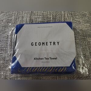 GEOMETRY Blue Kitchen Tea Towel with Gold Script